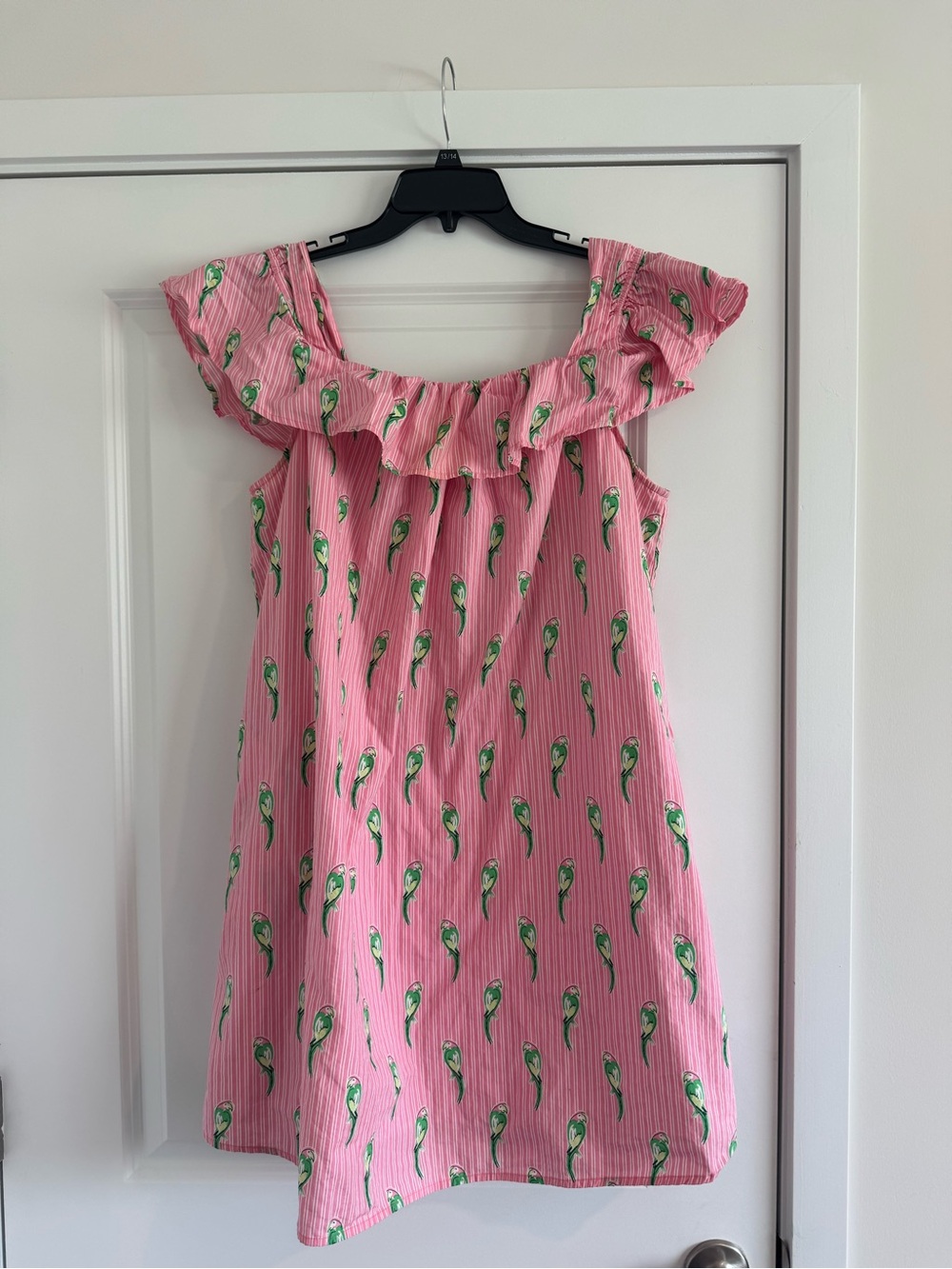 crown & ivy Pink Vertical Stripe Pattern and Green Parrot Print Dress